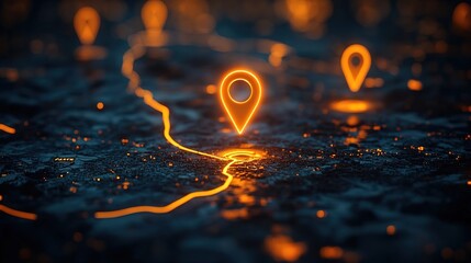  A map with glowing pins representing the locations of different places. The background is dark and blurred, creating an atmosphere of mystery or travel. 