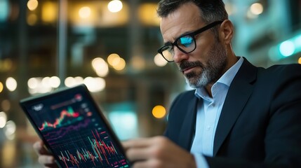 Focused Businessman Analyzing Financial Data on a Tablet Device in a Modern Environment : Generative AI