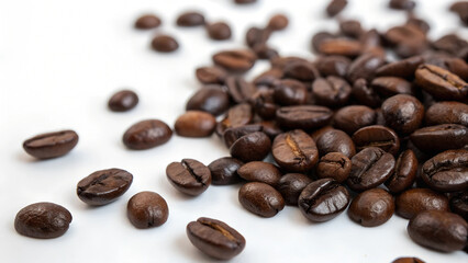 Fototapeta premium Freshly roasted coffee beans scattered across the frame Transparent. white background. png