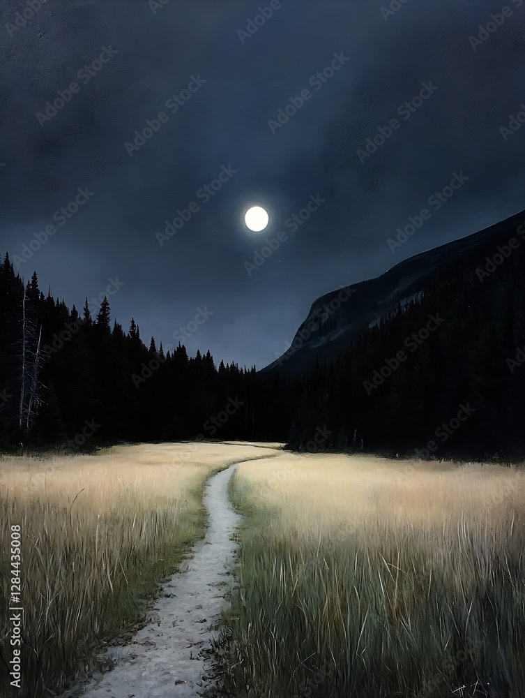 Aufkleber serene moonlit night landscape featuring a pathway surrounded by mountain and trees : generative ai