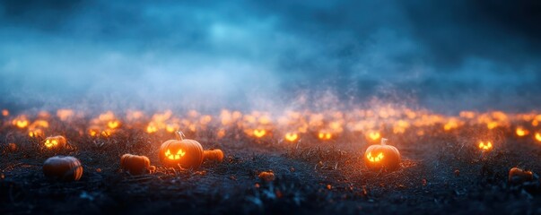 Fototapeta premium Spooky pumpkin field at night with misty atmosphere and glowing jack-o'-lanterns
