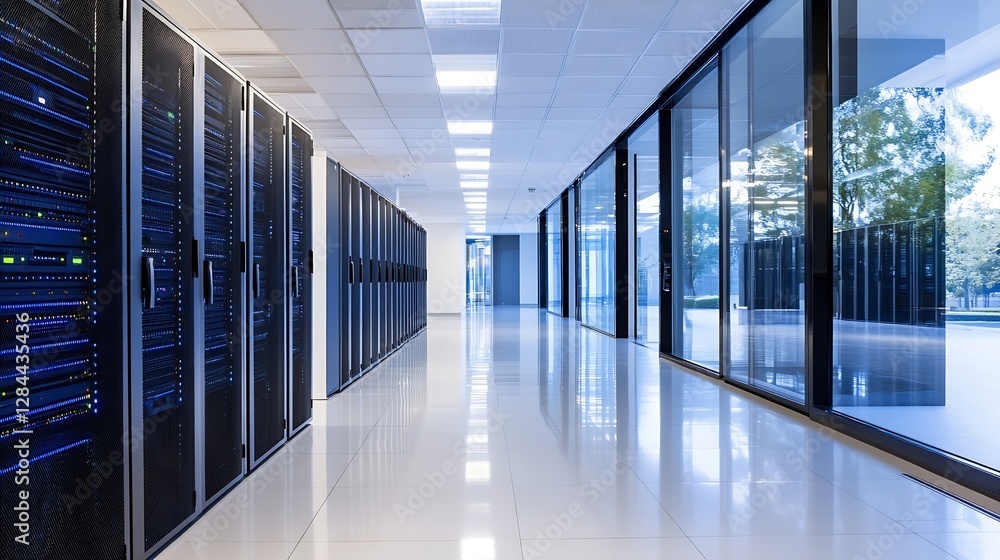 Poster sleek and modern data center corridor featuring rows of servers and large glass walls for enhanced v