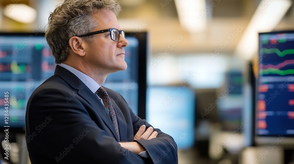 Aufkleber business professional deep in thought while evaluating market trends in a modern trading environment