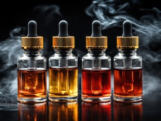 Four e-liquid bottles with droppers, smoke background.