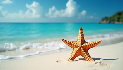 Orange starfish on sandy beach with clear turquoise water.