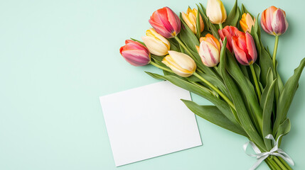 Fototapeta premium Vibrant bouquet of tulips on mint pastel background for greeting cards