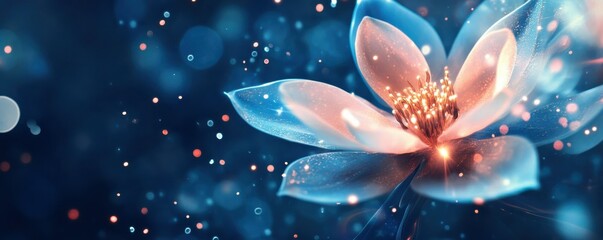 Dreamy close-up of luminous flower with sparkling bokeh in blue and pink tones