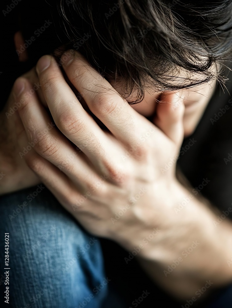Poster a man with his hands covering his face expressing deep emotions and inner turmoil : generative ai