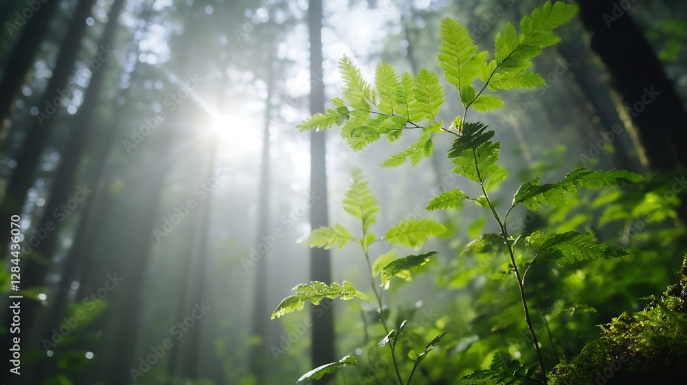 Poster Lush green forest with sunlight shining through trees creating a peaceful atmosphere : Generative AI