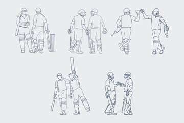 Obraz premium Dynamic Cricket Sport, One Line Drawing of Cricketer in Action. Two batsman line drawing illustration. hand drawn continuous one line cartoon doodle sketch drawing clip art of cricketer.
