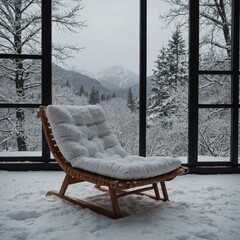 Relaxing in a comfy armchair near a window with mountain view. Back yard of house, trees and standing outdoor furniture covered in snow. Snowy winter day, cold weather season
