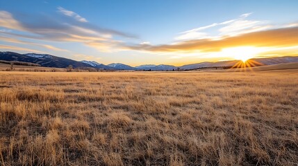 Fototapeta premium Breathtaking sunset over a golden dry field with distant mountains painting the sky in vibrant colors : Generative AI