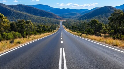 Naklejka premium Scenic view of an empty road stretching through the lush mountains on a sunny day : Generative AI