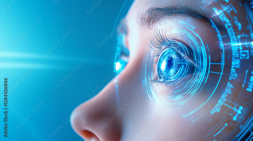 Poster a close-up view of a human eye enhanced with a futuristic digital interface. the eye features bright