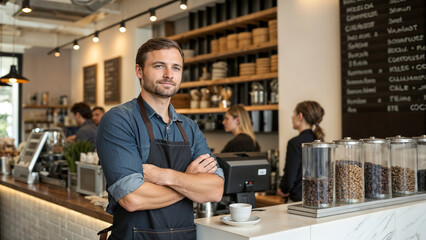 Fototapeta premium Male business owner behind the counter of a coffee shop with crossed arms. looking at camera.