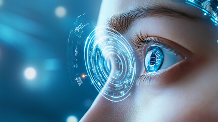 A close-up view of a human eye integrated with advanced digital technology, featuring glowing holograms and data overlays in a high-tech setting