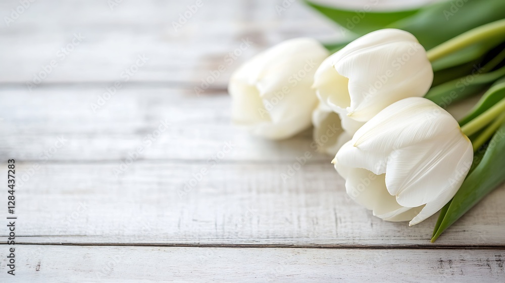 Aufkleber fresh white tulips arranged on a rustic wooden surface creating a serene aesthetic : generative ai