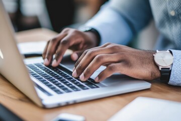 Close Up Dark Skin Hands Typing On Silver Laptop Keyboard