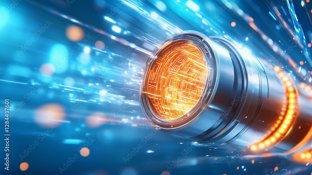 Poster a powerful device emits bright orange light and dynamic energy waves in a technologically advanced e