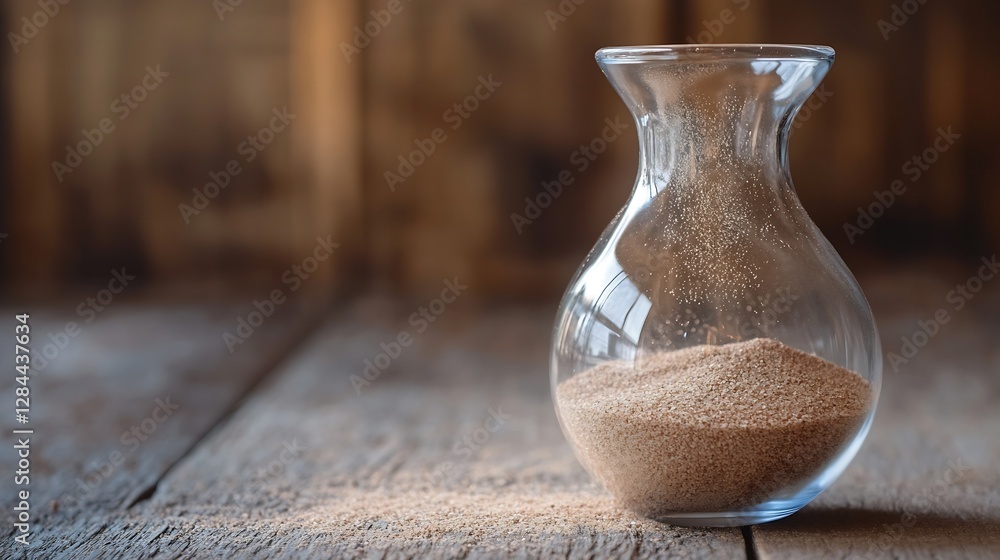 Aufkleber closeup of a glass object filled with fine sand on a wooden table surrounded by soft natural light :