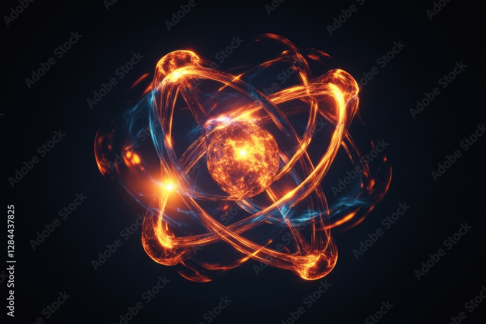 Poster Visualization of gas molecules in motion with glowing atomic structures representing dynamic scientific phenomena. Generative AI
