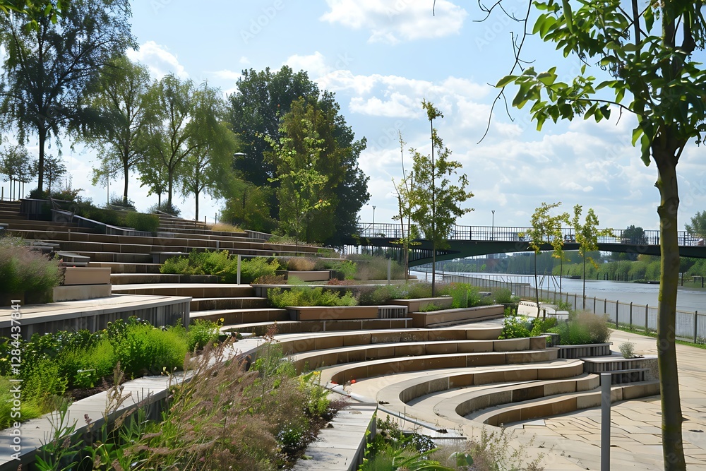 Poster a riverside promenade with seating built into terraced steps, offering both functionality and flood 