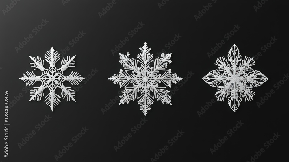 Poster intricate white snowflakes on dark background displaying diverse geometric patterns
