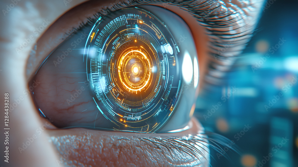 Poster the image captures a close-up of an eye featuring a luminous circular design inside the pupil, symbo