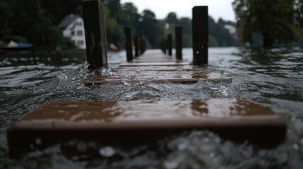 Flooded wooden dock, rainy day, lake, houses background, nature disaster