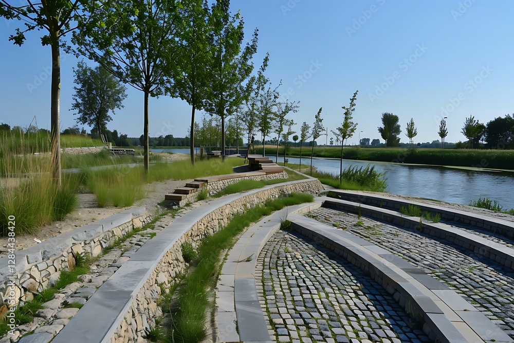 Poster a riverside promenade with seating built into terraced steps, offering both functionality and flood 