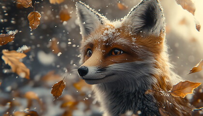 Fototapeta premium Close up red fox, standing in autumn forest, Generative AI