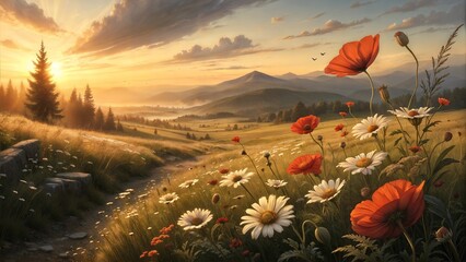 vibrant wildflower meadow at sunset with poppies, daisies, and distant mountains