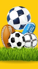 Sports balls on grass, graphic design, yellow background, illustration, stock image