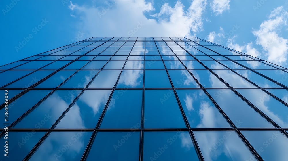 Aufkleber stunning perspective of a tall modern building with clouds reflecting in glass : generative ai
