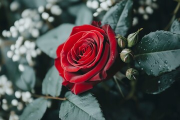 Close-up of a vibrant red rose amidst greenery and small white flowers