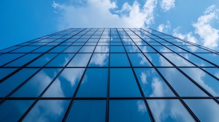 Stunning perspective of a tall modern building with clouds reflecting in glass : Generative AI