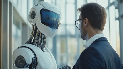 Confident male executive facing futuristic robot in modern office setting
