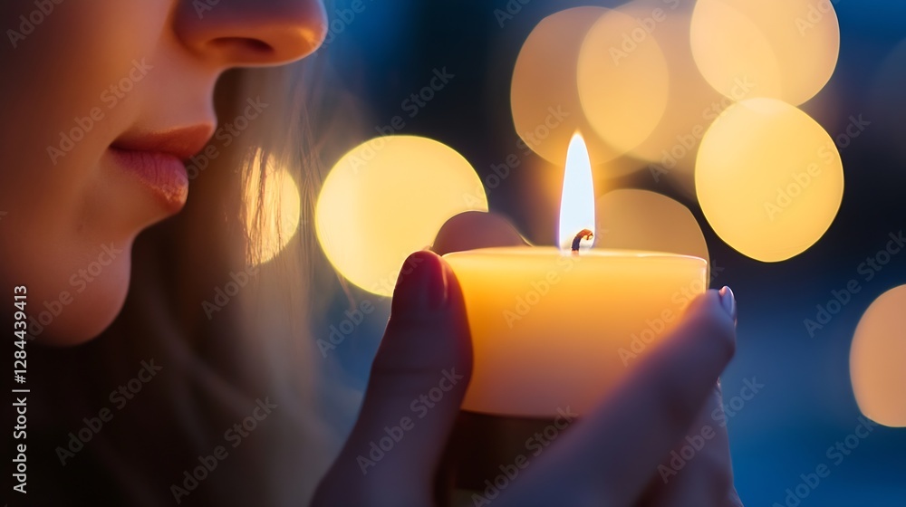 Aufkleber calming candle light held by a woman with blurred lights in the background creating a warm ambiance 