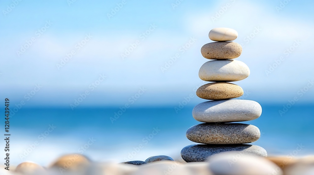 Fototapete serene stone stacking formation on the beach with ocean waves in the background : generative ai