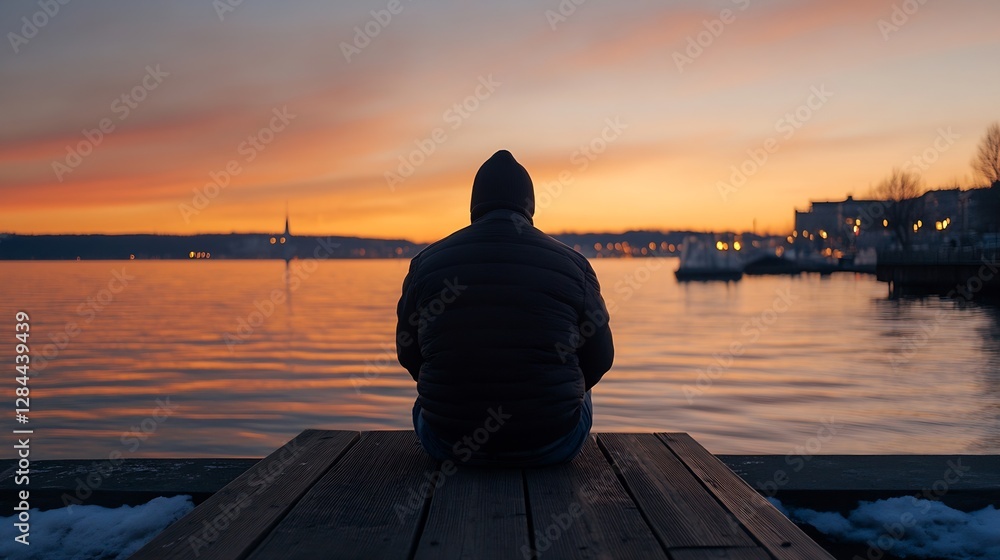 Poster silhouette of a person sitting on a dock watching a serene sunset over the water creating a calm atm
