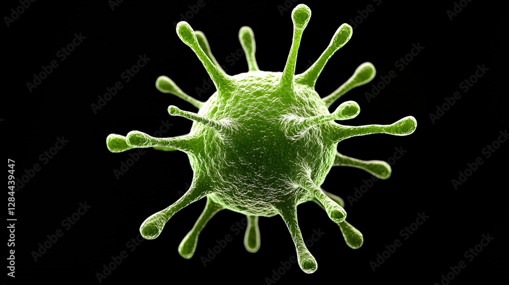Poster green virus structure with spikes on dark background in 3d view