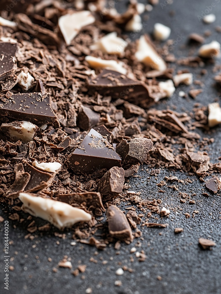 Poster Close up view of dark chocolate shavings and chunks on a textured surface for confectionery art : Generative AI