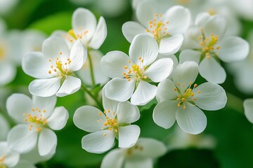 Obraz premium Close-up of delicate white flowers in bloom, vibrant green background, nature