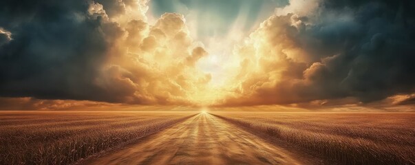 Majestic sunset over an endless road with dramatic clouds and golden skies