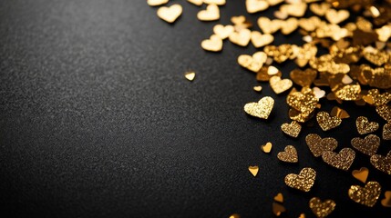 A scattering of shimmering gold heart-shaped confetti on a dark background, perfect for celebrations and romantic occasions.