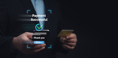 Online payment successful notification with businessman holding smartphone and credit card. Digital finance, e-commerce and secure transaction concept for fintech and banking visuals