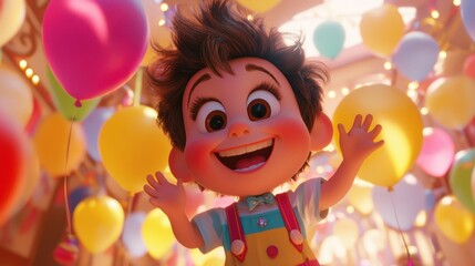 Fototapeta premium Cartoon kid smiles surrounded by balloons in a carnival setting. Use Stock photo