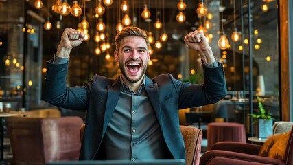 Triumphant Businessman Celebrating Success in a Cafe