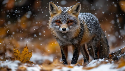 Fototapeta premium Close up red fox, standing in autumn forest, Generative AI