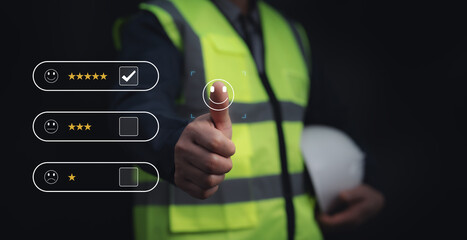 Engineering feedback concept with rating system interface, showing customer satisfaction evaluation and quality assessment